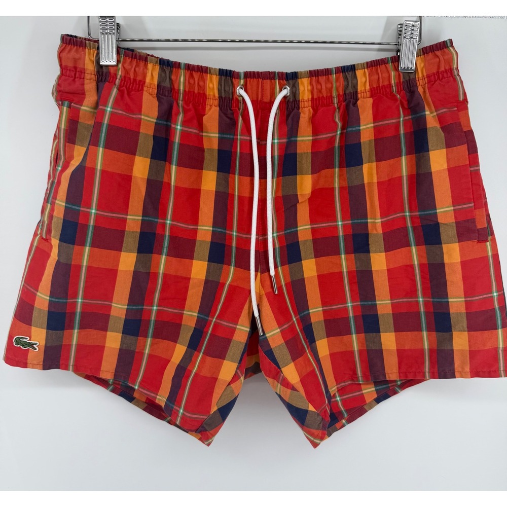 Lacoste Mens Plaid Swim Trunks Red Orange Navy Mesh Lined Shorts Size L 0759